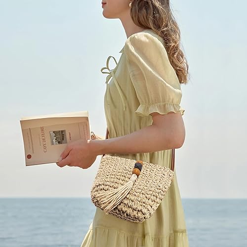 Borsa di paglia da donna per le vacanze, borsetta da spiaggia boho per l'estate, borsa a tracolla in vimini con nappine