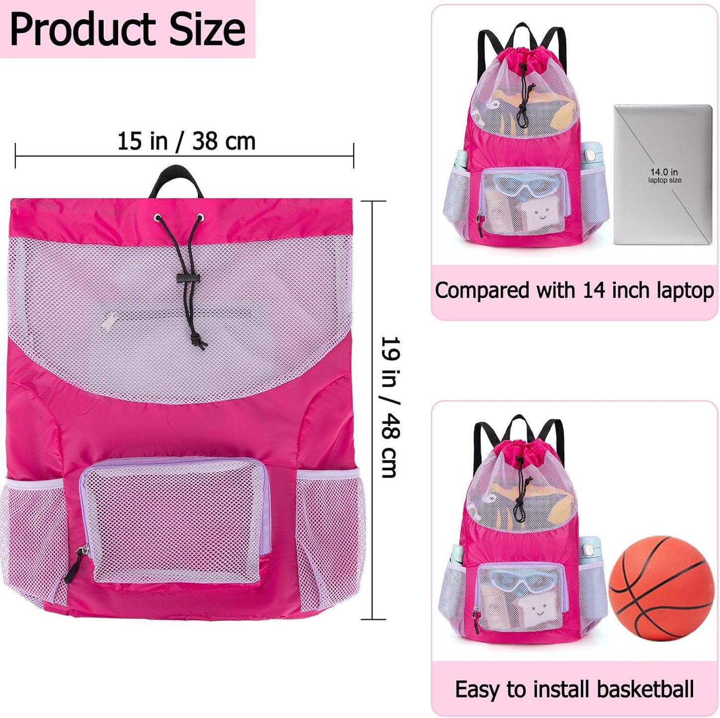Borsa da nuoto per bambini, zaino da spiaggia in rete per ragazze, borsa da spiaggia leggera con coulisse, borsa a tracolla per piscina, sport e palestra.