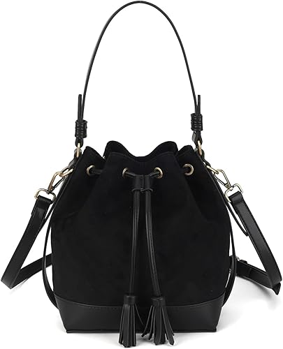 Borse a secchiello in finta pelle scamosciata e borsetta a tracolla con coulisse per donna, borsa tote media con 2 spallacci