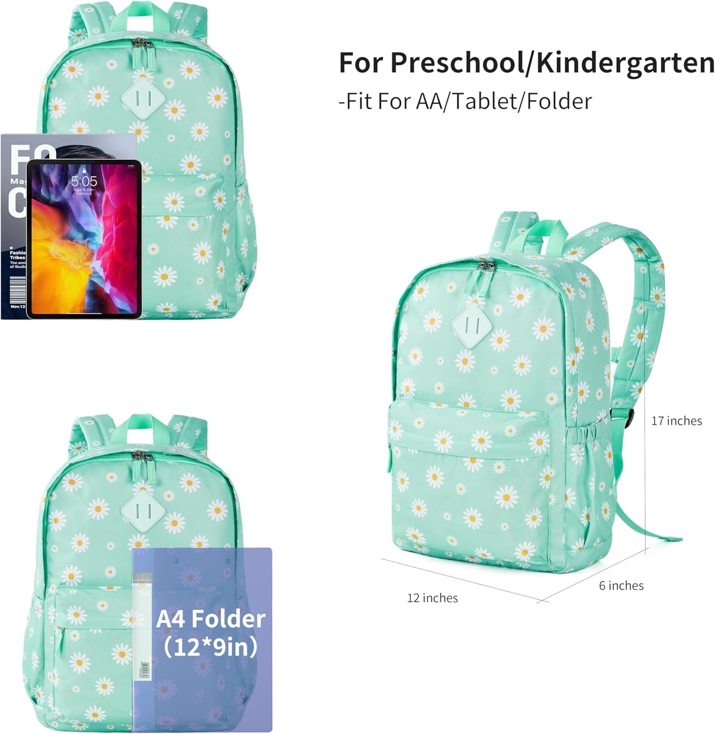 Zaino per la scuola materna, per bambini piccoli, per la scuola elementare, per maschietti e femminucce, con cinghia pettorale (43 cm, verde margherita)