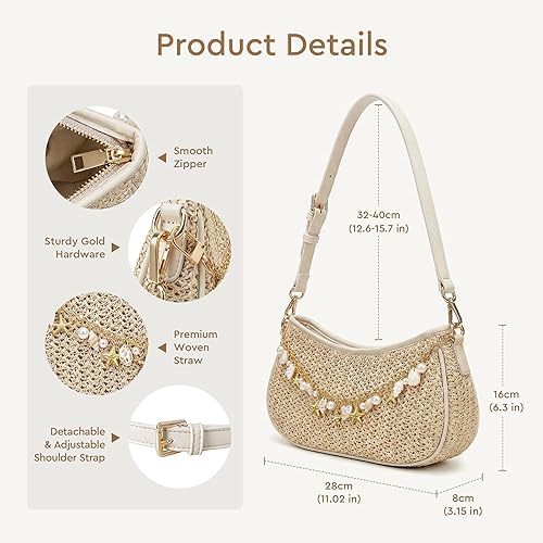 Borsa a tracolla in paglia da donna, modello boho in rafia intrecciata con catenella e tracolla regolabile, ideale per le vacanze estive al mare.