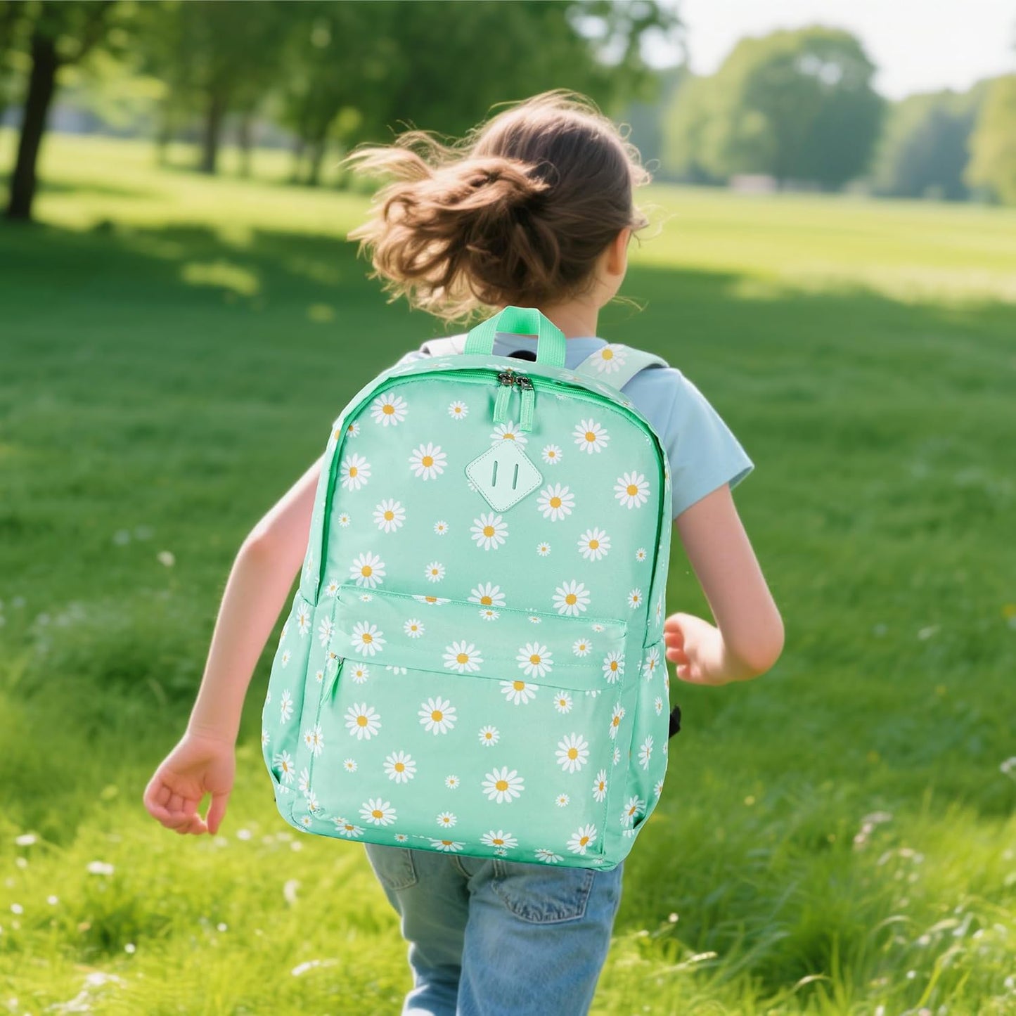 Zaino per la scuola materna, per bambini piccoli, per la scuola elementare, per maschietti e femminucce, con cinghia pettorale (43 cm, verde margherita)