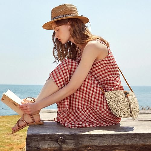 Borsa di paglia da donna per le vacanze, borsetta da spiaggia boho per l'estate, borsa a tracolla in vimini con nappine
