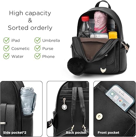 Zainetto alla moda per ragazze, mini zainetto, borsetta per donne adolescenti, zainetto in pelle PU con pompon, borsa a tracolla