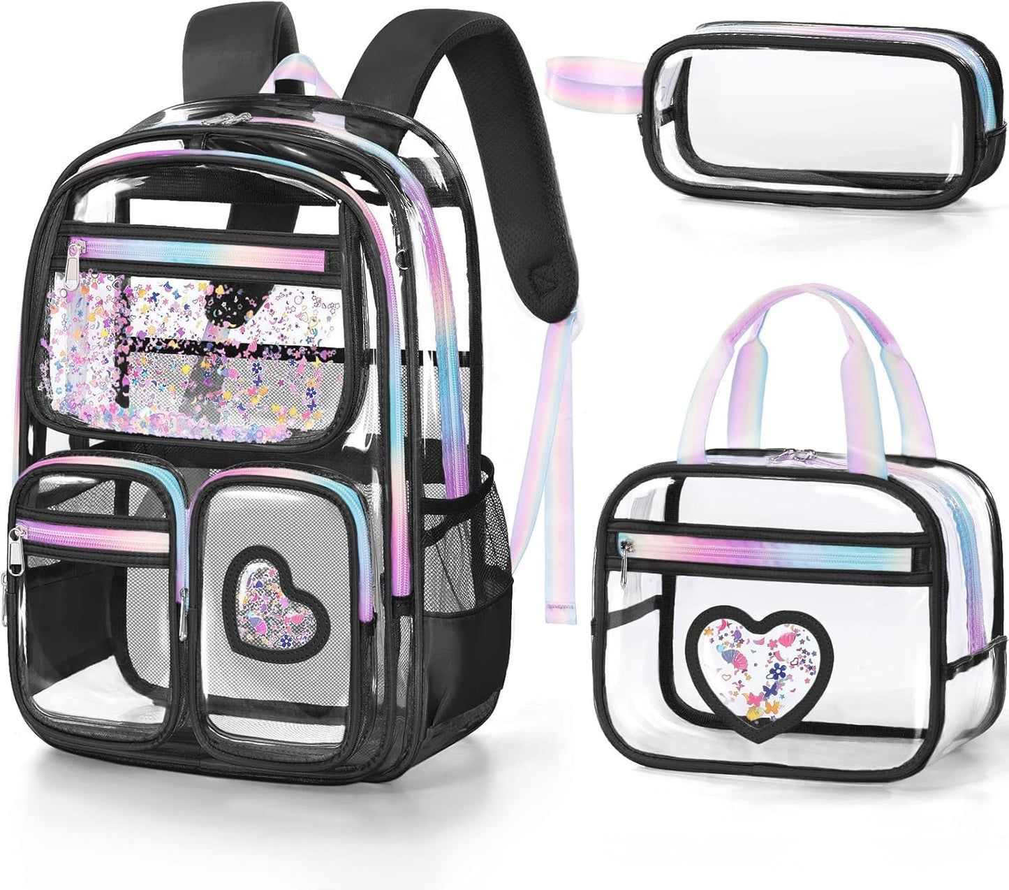 Zaino trasparente per ragazze, set da 3 zaini trasparenti in PVC resistente per ragazze adolescenti, scuola, concerti, eventi allo stadio, approvato per la scuola trasparente