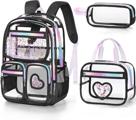 Zaino trasparente per ragazze, set da 3 zaini trasparenti in PVC resistente per ragazze adolescenti, scuola, concerti, eventi allo stadio, approvato per la scuola trasparente