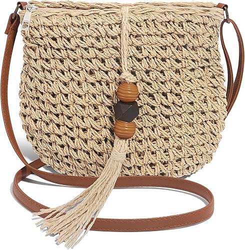 Borsa di paglia da donna per le vacanze, borsetta da spiaggia boho per l'estate, borsa a tracolla in vimini con nappine
