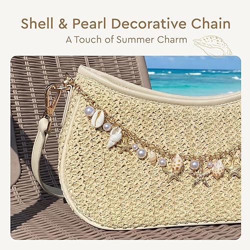 Borsa a tracolla in paglia da donna, modello boho in rafia intrecciata con catenella e tracolla regolabile, ideale per le vacanze estive al mare.