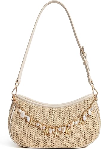 Borsa a tracolla in paglia da donna, modello boho in rafia intrecciata con catenella e tracolla regolabile, ideale per le vacanze estive al mare.